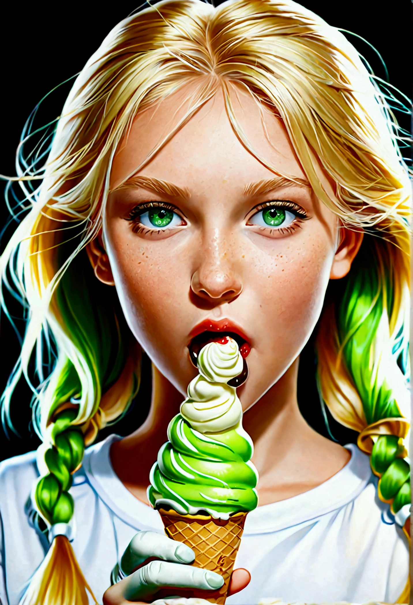 punk girl, green hair,nude sexy, in the middle of a small candy store, facial cumshot, cum, a lot of cum, cum on face, art by Bill Sienkiewicz, intricate details, oil painting.