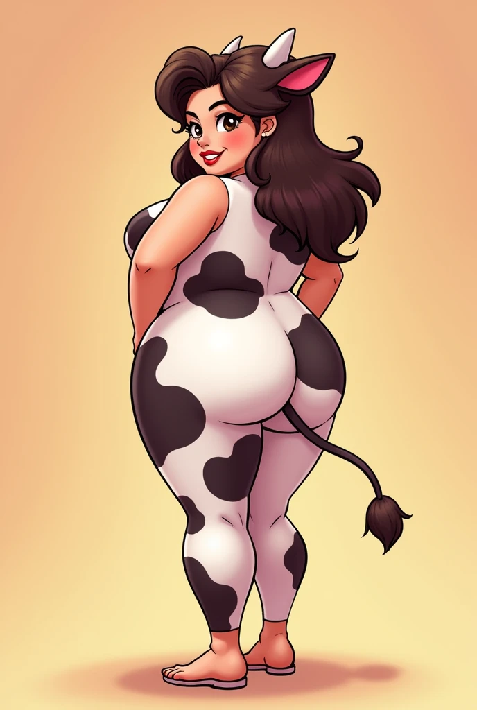 Solo, female, standing, bovine, cow, dairy cow, white with black spots, pink nose, pink lips, lipstick, lip gloss, ((hair covering eyes)), hands on hips, big breasts, (((muscular, large, buff, tough, defined muscles, abs, biceps))), by bebebebebe, by spuydjeks, by buta99, big butt, vagina, anus, tail