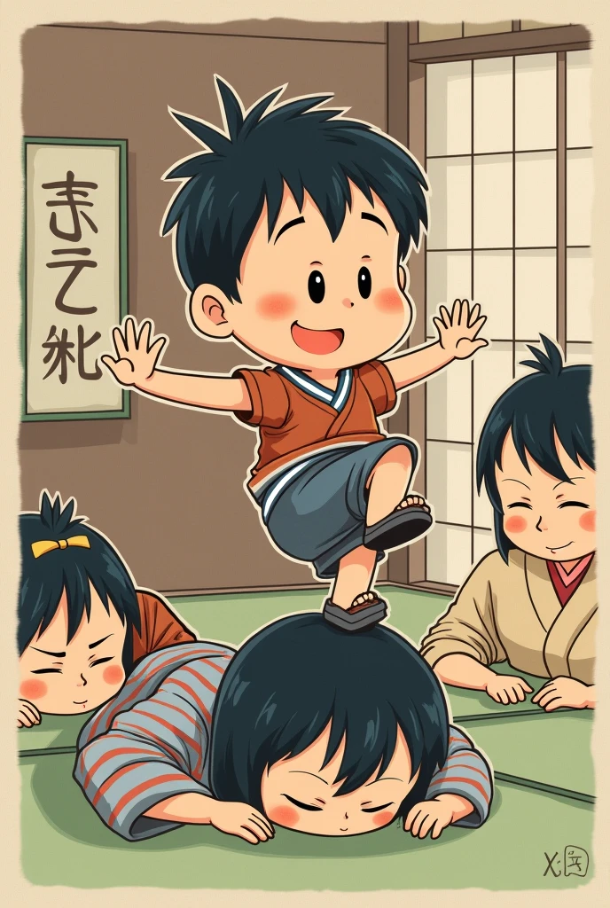 (nudist)、Crouching display random woman、Lots of elementary school boys who are friends and stand shoulder to shoulder、surround each other'face、laughter and joy、recorded video、long shot、dynamic angle、