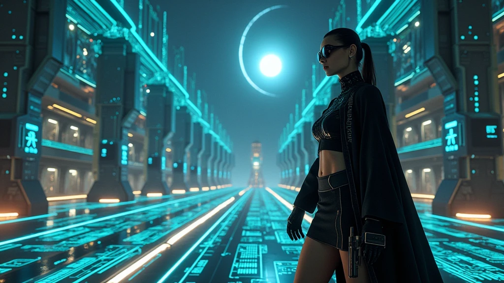 Cyberpunk female plagiarist immersed in digital theft, neon-lit alias within a vast online labyrinth, grotesque grunge brushing into surrealism, illuminated by kaleidoscopic volumetric light, a detailed masterpiece reminiscent of Moebius' distinctive style, deep focus, heightened depth field, psychedelic undertones amplified in a cinematic shot, aerial view of cyberpunk city at night, (((((1girl, solo))))), photo realistic, (((((large-breast:1.4 slim body, cleavage:1.4))))), (((off broken mini sling-shirt and black sling bra, extreamly short white pleated miniskirt, (((micro panty)))))), (((((running pose))))), (((((((matrix style black micro sunglasses))))))), ((((((((((aiming with a short gun)))))))))), (((((looking at camera))))), (((very low view))), (((((half-body thigh level medium shot))))), (((cinematic lighting))).