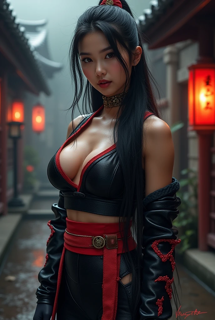 perfectart:ultra-detailed,highres,photorealistic,oriental ninja girl,beautiful detailed eyes,beautiful detailed lips,extremely detailed eyes and face,longeyelashes,[mask],[big breasts],black kurta,armed with katanas,striking a dynamic pose,stunning garden scenery,traditional japanese architecture,subtle lighting,subtle color palette,delicate cherry blossom petals,thin wisps of smoke swirling in the air,hint of mystery and danger,an atmosphere of tranquility and strength