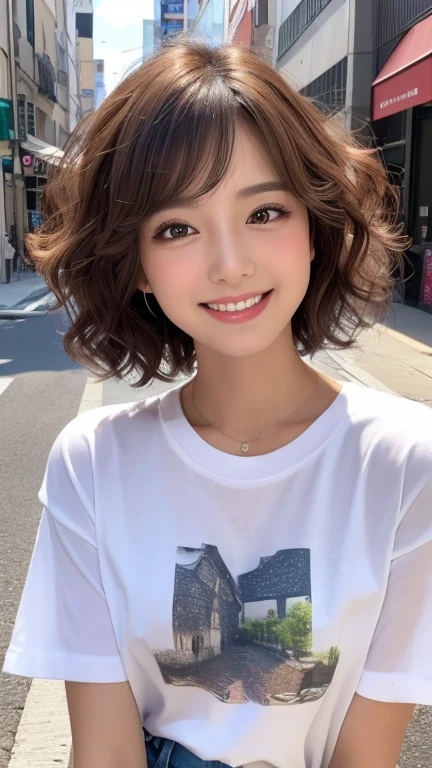 ((Highest quality)), ((masterpiece)), (detailed), ((Highest quality))、RAW、4K、High resolution、Perfect Face, Japanese、28 years old、female、short hair、Bob Hair、light light brown hair、Earrings、necklace、Perfect Anatomy、Anatomically correct body、White collared shirt、Beach、blue sky、smile、White sand beach、Realistic images、