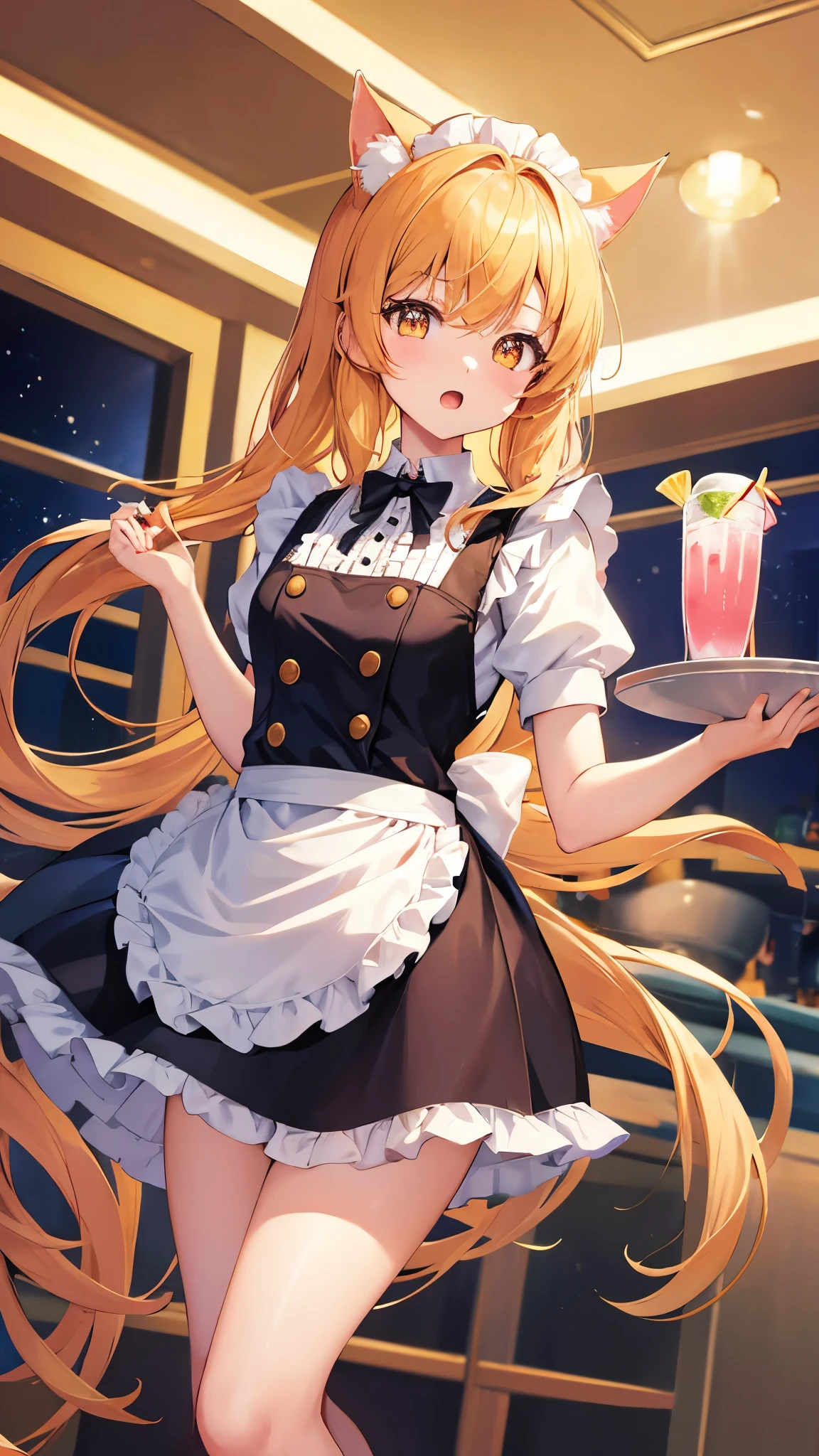 Anime girl in maid outfit holding a tray of drinks Beautiful illustration、With the highest quality、pretty girl、Waitress、Apron dress、(Cat ears)、Open your mouth、(Angry:0.9)、Golden Eyes、Thighs、Mini skirt frills
