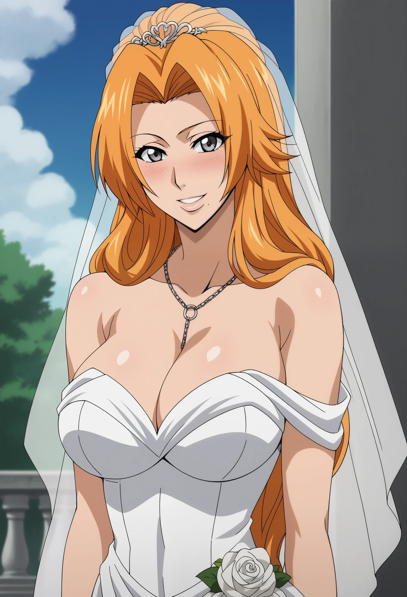 score_9, score_8_up, score_7_up, score_6_up, source_anime, BREAK, 1 girl, solo,rangiku matsumoto, long hair, grey eyes, orange hair, mole, mole under mouth, parted bangs, blushing, smile, looking at viewer, wedding dress, wedding veil, off shoulder, cleavage, smile, wedding ring, outdoor, sky, standing, cowboy shot, smile, jewelry, large breasts, anime screencrap