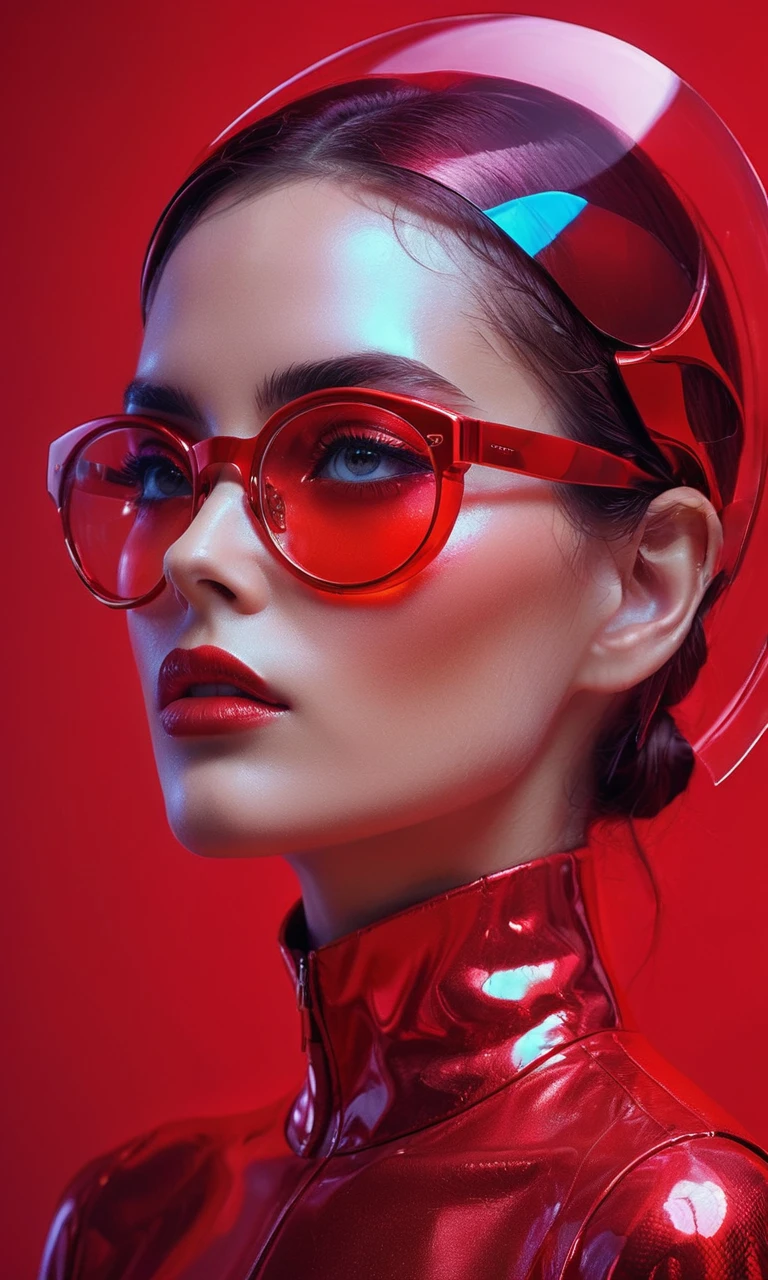 A woman in a red outfit wearing a  eyeglasses,in the style of futuristic art,smooth and shiny,shiny/ glossy,precise and lifelike,bold contrasts,iconic imagery,glossy finish,holographic,