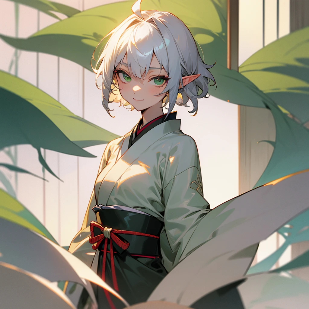 elf, female, silver hair,short hair, medium cut, ahoge, curly hair, green eyes,slender, fair skin, japanese female kimono, (big ribbon bow behind hair),  cool mild Smile, japanese Hotel, japanese doorman, annoyance