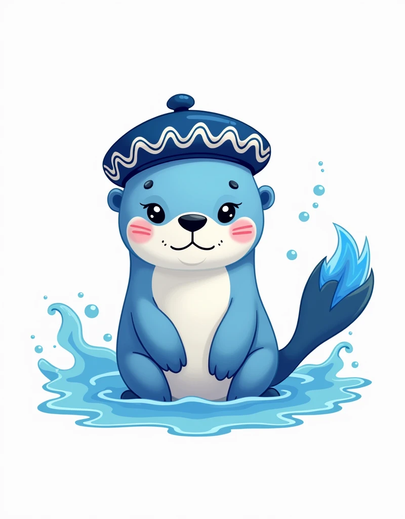 a blue sea otter, beret with a wavy pattern in the color of blue and white, thin long tail with a colorful tip that looks like a paint brush, adorable, mischievous smile, cartoon, water wave of blue and white surrounding the otter, white background