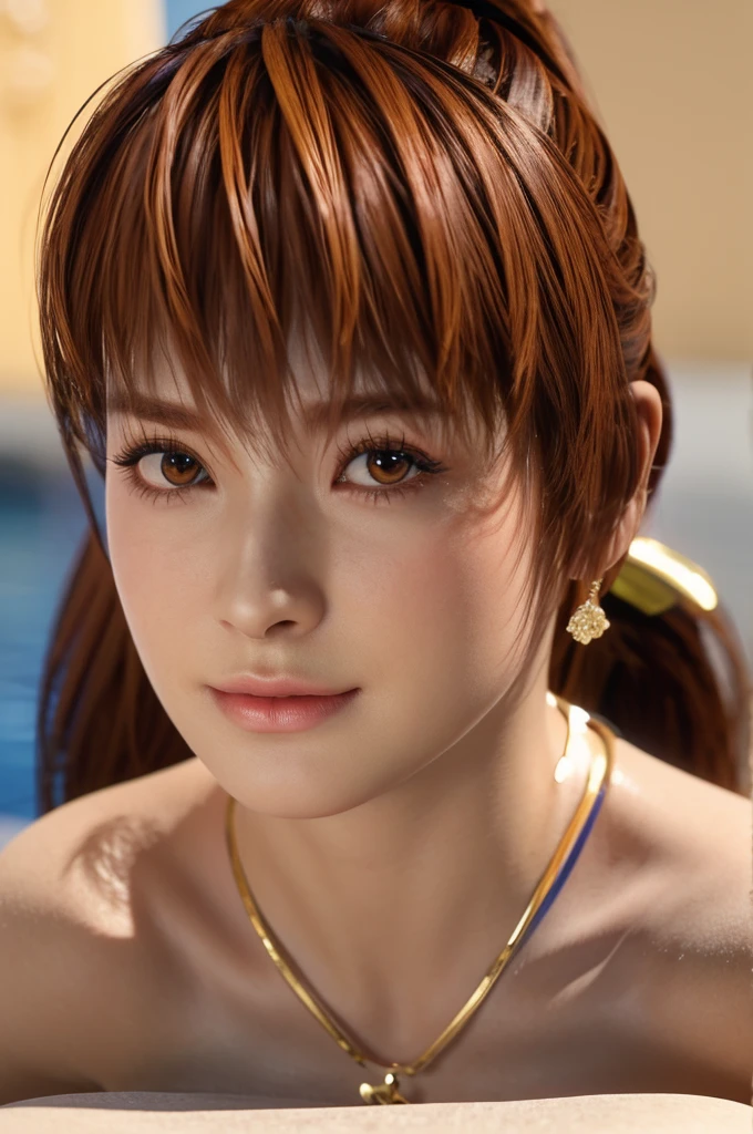 Kasumi, beautiful detailed eyes, beautiful detailed lips, extremely detailed face, long eyelashes, ponytail, brown hair, nice swimsuit, 3D model, realistic, (best quality, 4k, 8k, highres, masterpiece:1.2), ultra-detailed, (realistic, photorealistic, photo-realistic:1.37), studio lighting, vivid colors, atmospheric, cinematic lighting, dramatic lighting, dynamic pose, intricate details, flawless skin, volumetric lighting