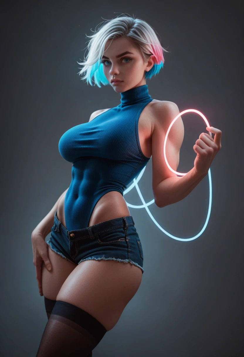 luc13dg3runn3r, 1girl, multicolored hair, short hair, solo, blue eyes, fit body, big breast, strong, power full, turtleneck leotard, short shorts, thighhighs,glowing neon outlines