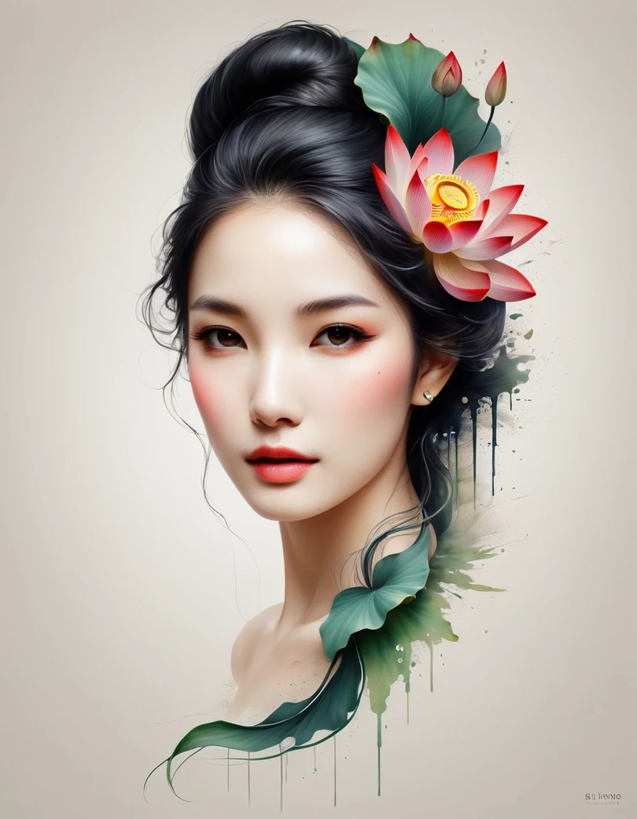 Modern minimalist art，（Close-up of a woman with a lotus tattoo on her neck）,This woman has a delicate and charming face，long black hair，（Transparent lotus tattoo on neck：1.3），Flowing Hair Vignette，pretty face，red fox, delgado, beautiful eyes， elegant digital art, beautiful digital illustrations, beautiful figure painting, 