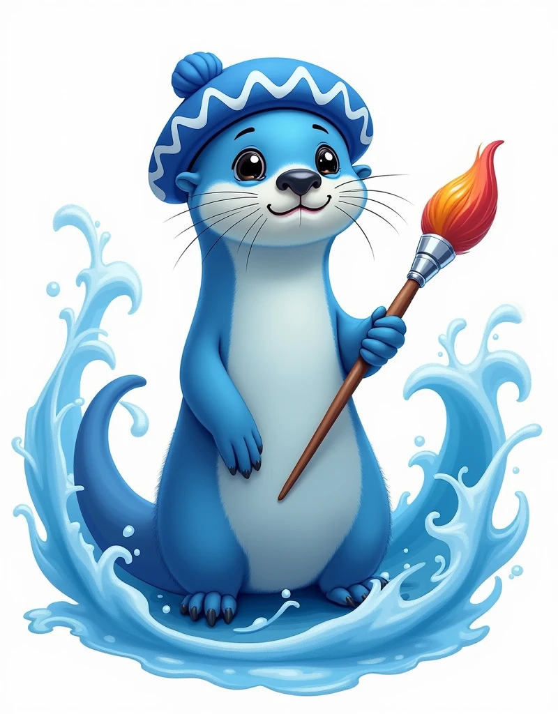 a blue sea otter, beret with a wavy pattern in the color of blue and white, thin long tail with a colorful tip that looks like a paint brush, adorable, mischievous smile, cartoon, water wave of blue and white surrounding the otter, white background