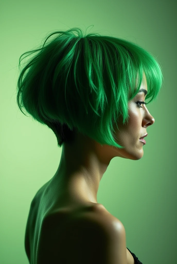 Tan skin Girl Back view dark green stacked layered bob haircut