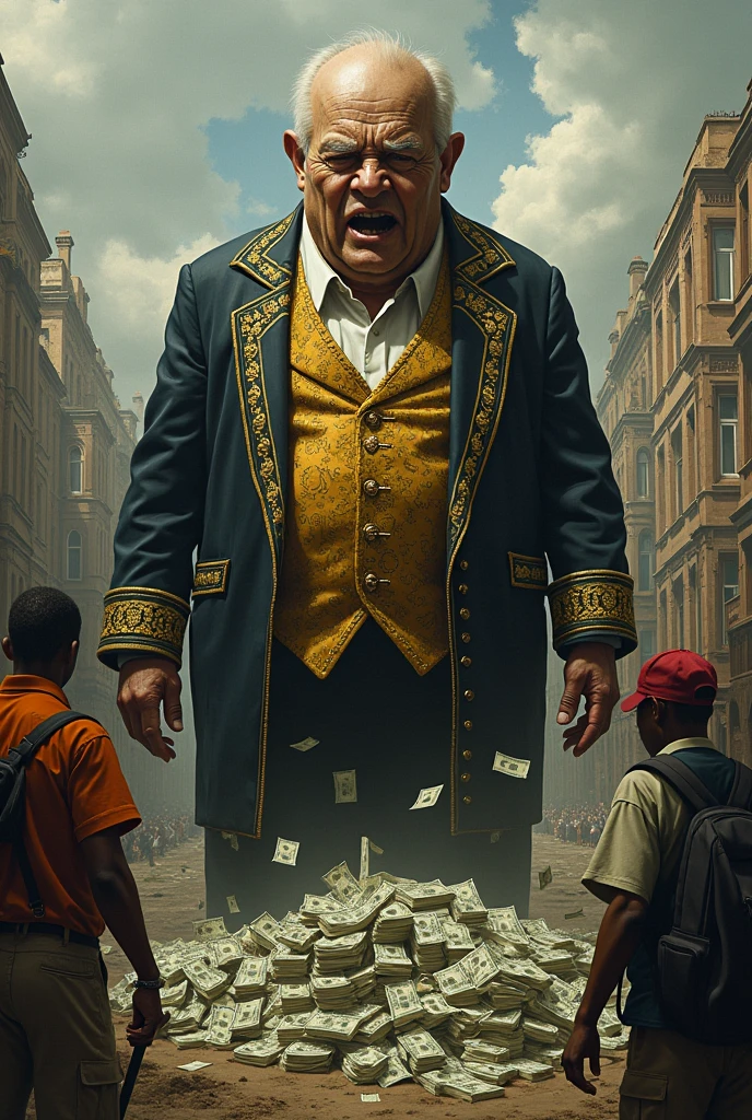 sitting clown in the middle, ( American dollar bills littered:1.4),  dystopian abandoned bank building  on the background