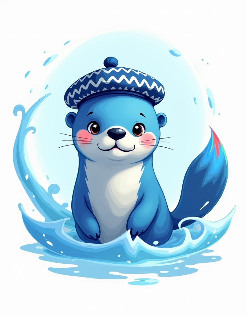 a blue sea otter, beret with a wavy pattern in the color of blue and white, thin long tail with a colorful tip that looks like a paint brush, adorable, mischievous smile, cartoon, water wave of blue and white surrounding the otter, white background