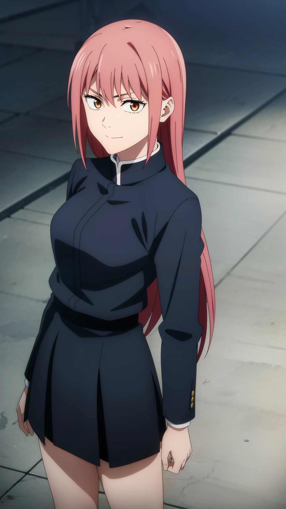 (high-quality, breathtaking),(expressive eyes, perfect face) 1girl, female, solo, makima, ager, pink hair, yellow and red eye color, long hair length, looking at viewer, half body, bright smile, kind face, cheerful expression, dark black blue long sleeved shirt, collared shirt, ((dark black blue Skirt)), black thigh high socks, absolute territory jujutsu kaisen uniform, jujutsu high school uniform, flowy hair, feminine face, long straight hair, grey background, portrait, stylized hairstyle, makima eyestyle