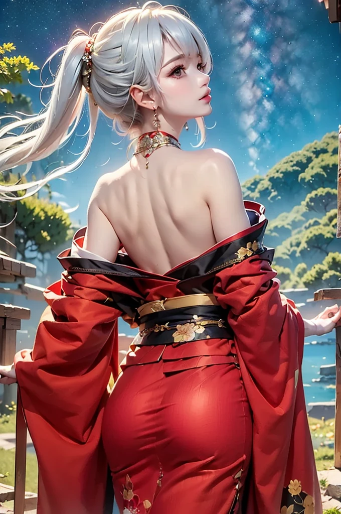 masterpiece, best quality, highly detailed, 1girl, white hair, off shoulder, off shoulder kimono, black and red kimono, Matte texture clothing. look up at the night sky. from back side. nape
