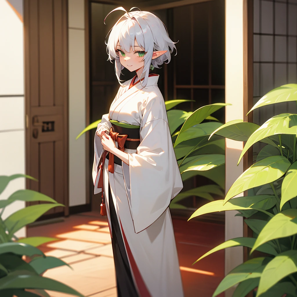 elf, female, silver hair,short hair, medium cut, ahoge, curly hair, green eyes,slender, fair skin, japanese female kimono, (big bow behind hair),  cool mild Smile, japanese Hotel, japanese doorman, annoyance