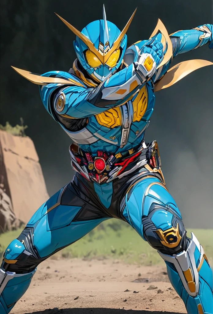 masterpiece , Very high quality , 8k , Detailed Images , Kamen Rider,3go,solo,weapon, High resolution, masterpiece, accurate, Anatomically correct, Illustration,Blue body on black background,Yellow Eyes,Combat pose , 