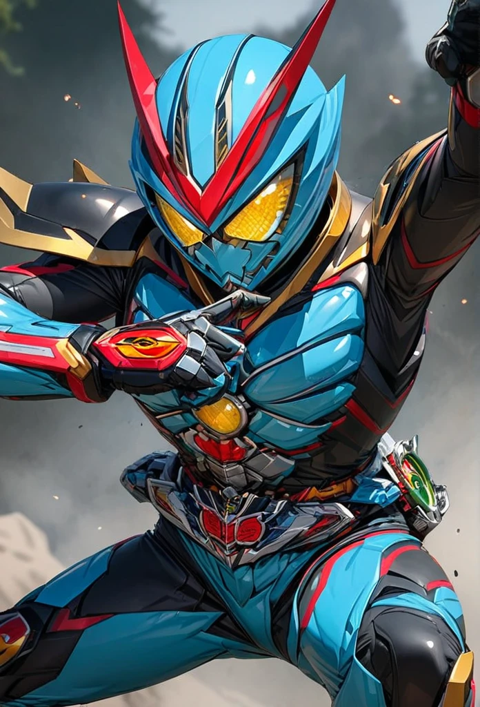 masterpiece , Very high quality , 8k , Detailed Images , Kamen Rider,3go,solo,weapon, High resolution, masterpiece, accurate, Anatomically correct, Illustration,Blue body on black background,Yellow Eyes,Combat pose , 