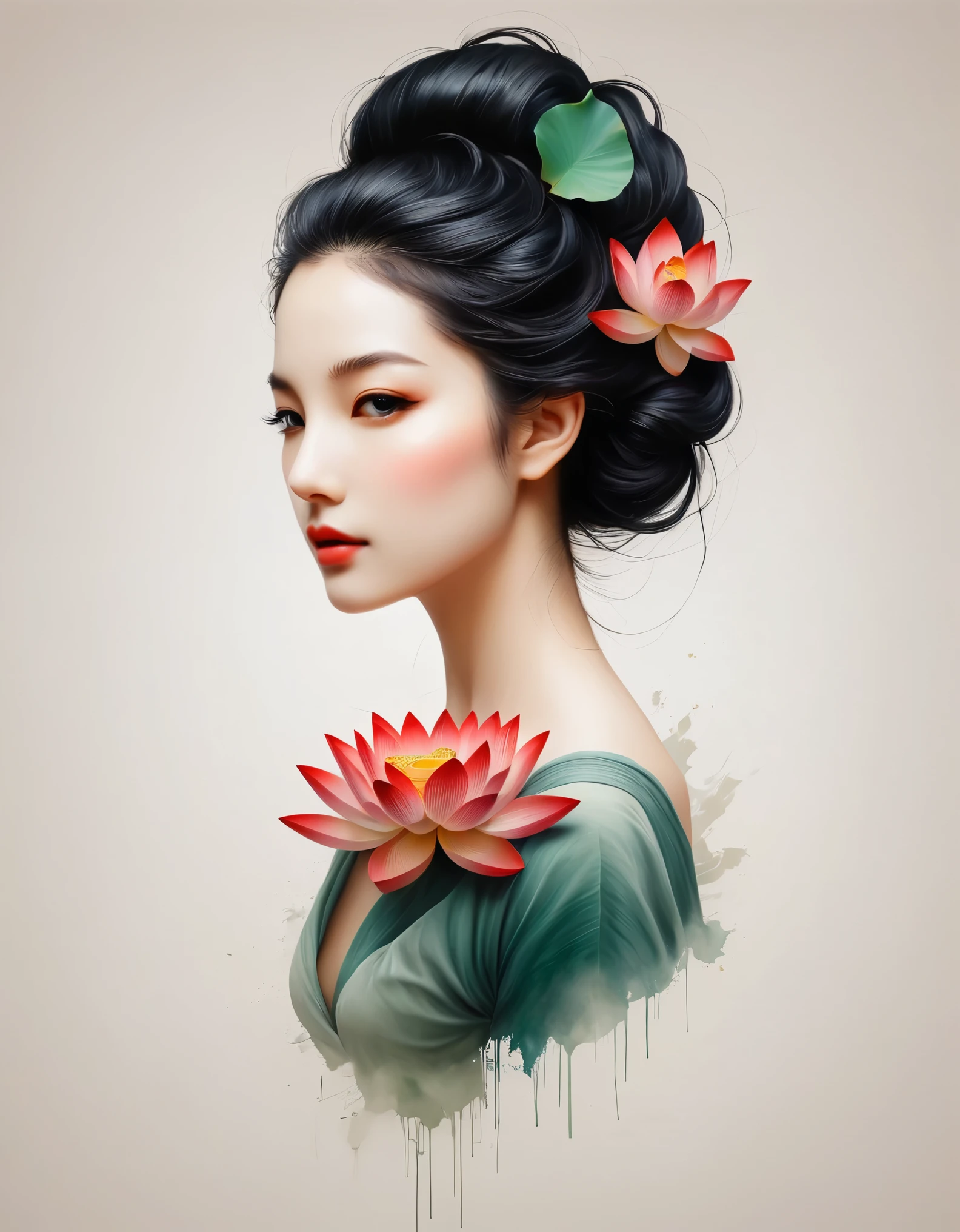 Modern minimalist art，（Close-up of a woman with a lotus tattoo on her neck）,This woman has a delicate and charming face，long black hair，（Transparent lotus tattoo on neck：1.3），Flowing Hair Vignette，pretty face，red fox, delgado, beautiful eyes， elegant digital art, beautiful digital illustrations, beautiful figure painting, 