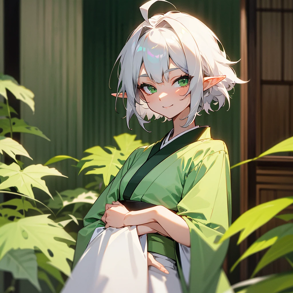 elf, female, silver hair,short hair, medium cut, ahoge, curly hair, green eyes,slender, fair skin, japanese female Green kimono, (big Green bow behind hair),  cool mild Smile, japanese Hotel, japanese doorman, annoyance