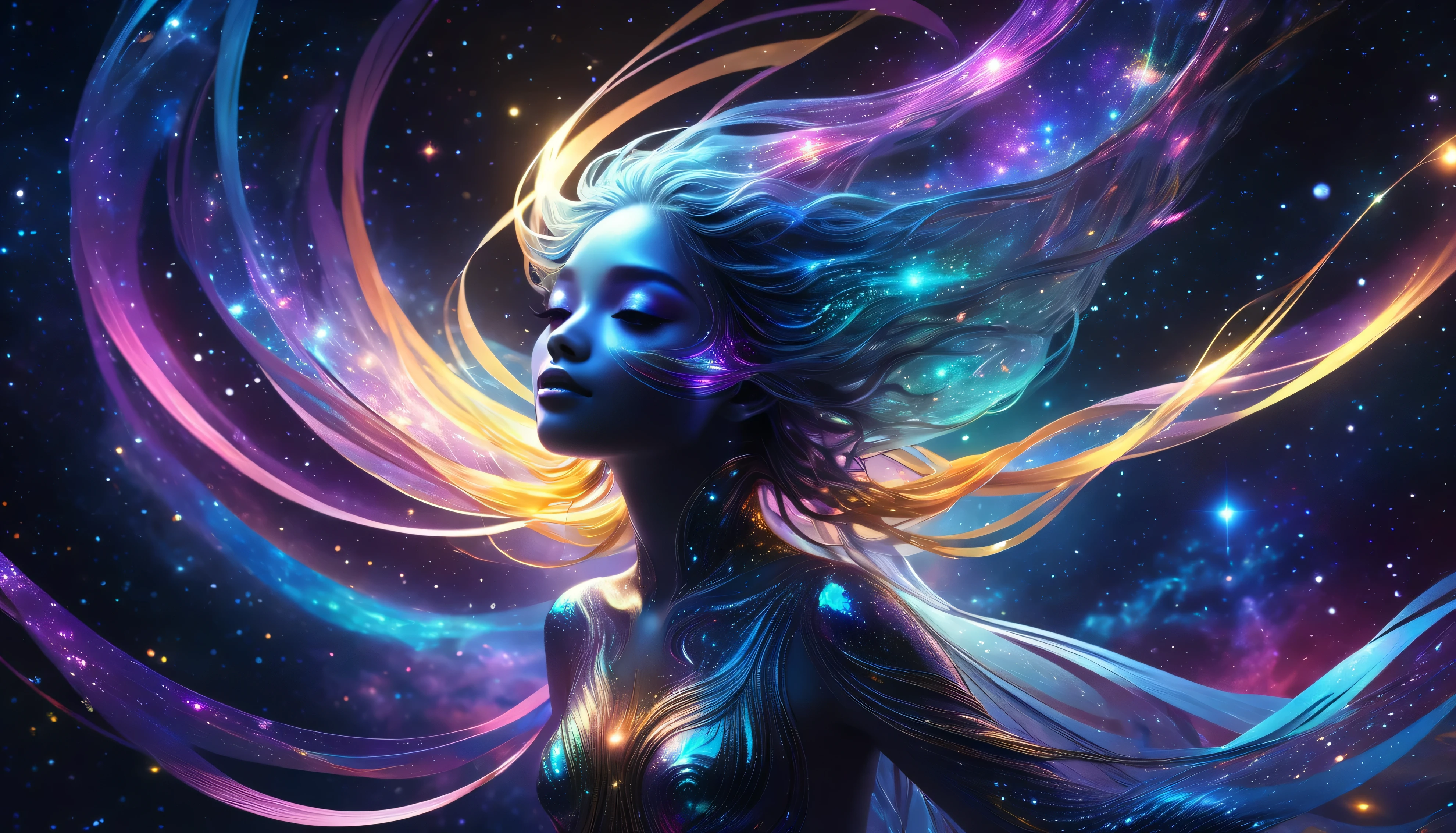 A woman with long hair and a blue dress is standing in the space ...
