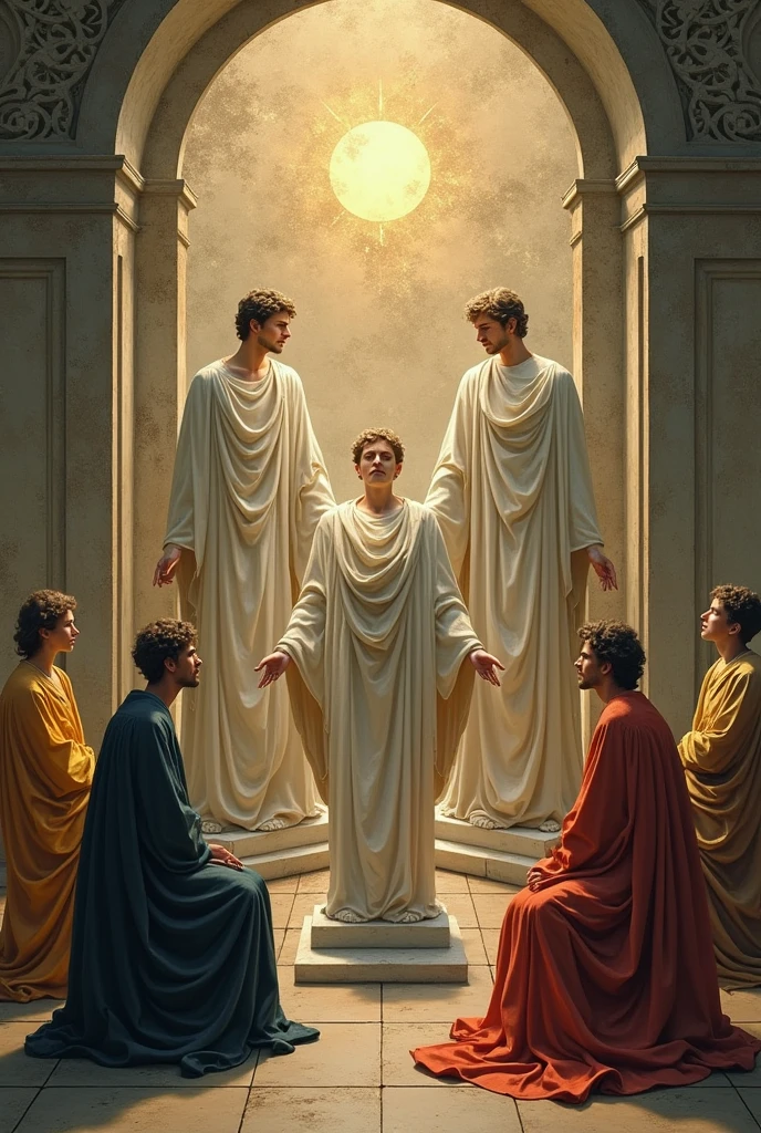 A photograph of a group of philosophers standing in front of a mural of the Sistine Chapel. The mural has a painting of God reaching out to touch Adam's hand. The philosophers are discussing the concepts of art and beauty. The background is filled with various artworks.
