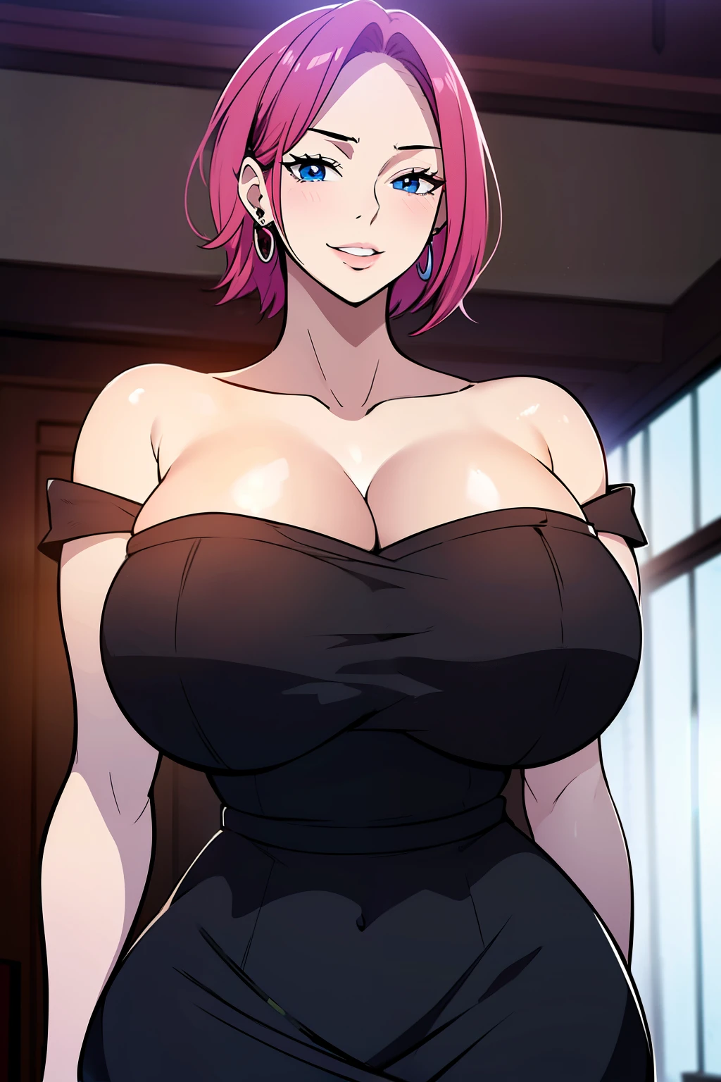 An anime-style artwork depicting reiju from the anime one piece

Tags: reiju, ReijuV2, anime, detailed eyes, detailed lips, (off-shoulder dress:1.1), (bare shoulders:1.4), (strapless:1.4), (black dress:1.1), (bangs, (pink hair:1.1), short_hair, blue_eyes, breasts, jewelry, , bob_cut, earrings, smile, cleavage, parted_lips, , smiling expression, intense gaze, dynamic pose, indoor, palace, vibrant colors, digital art, high-resolution, professional quality, gigantic breasts, cleavage,  curvy, cowboy shot, (gigantic breasts: 1.4),