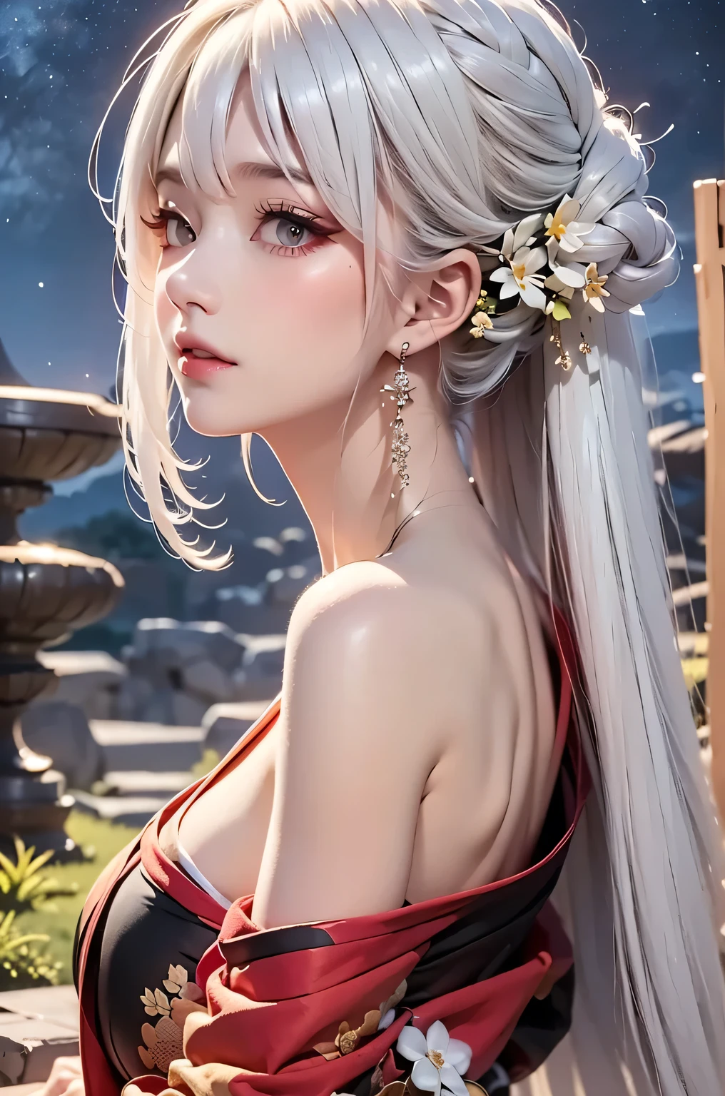 masterpiece, best quality, highly detailed, 1girl, white hair, off shoulder, off shoulder kimono, black and red kimono, Matte texture clothing. look up at the night sky. from side. nape, look back
