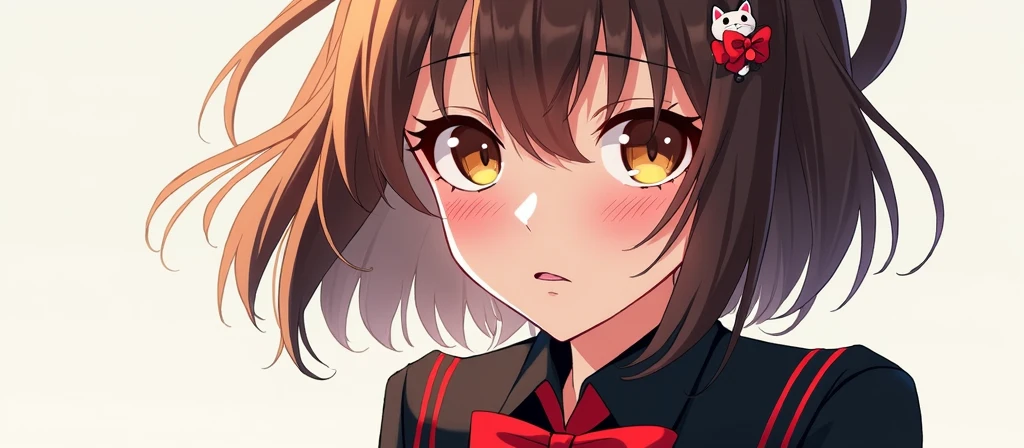 (extremely delicate and beautiful: 1.2), 1girl, fashi-girl, bangs, pretty eyes, bow, brown hair, closed mouth, sideways, hair between eyes, hair bow, short sleeves, looking at the viewer, medium hair, solo, upper body, school uniform: 1.3, ((solo)), (masterpiece), blonde