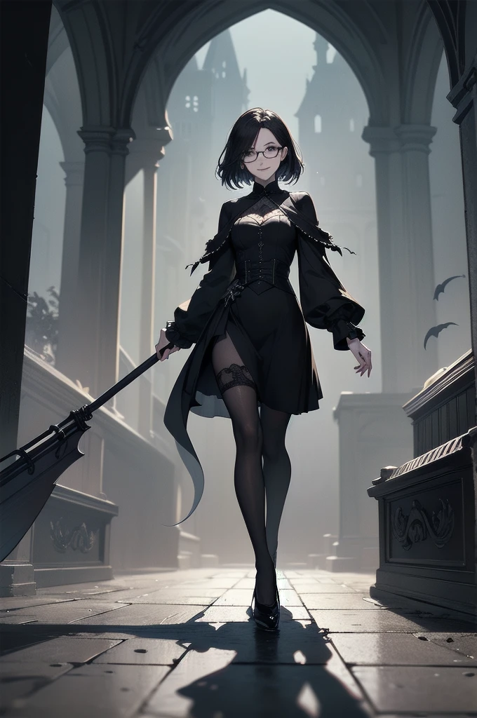 beautiful girl、cute、baby face、smile、Glasses、Long skirt、Black pumps、Magic wand、Magic Broom、witch、beautiful girl、(Best Quality,4K,High resolution,Masterpiece 1.2),Very detailed,Real 1.37,Spooky altar background,Dark fantasy,Black color scheme,Ominous atmosphere,Eye-catching,Storytelling,anatomy,Anime Style,Concept Art,Inappropriate behavior,Scythe Face,beautiful, Delicate facial features, pale Skin, Dark Background、Dark fantasy背景、Dark Background, Cinema Lighting, Dramatic Shadows, Gothic, Gloomy atmosphere, Dark fantasy, One person&#39;S, Red cheeks, ,(Blood splatter 1.3),Scary smile, smile,Angel Design, TwiSted smile、Bloody,(Blood splatter 1.3),skull,Horror Style, ((Fantasy Sweet Ta Frill Black Costume)), ((流れるようなBlack Hair)), Female Curves, Sexy flat stomach, Perfect hands, Perfect anime character face, (Black Dress)), Standing, ((邪悪なsmile)), ,(Dark fantasy1.3), Steam circulation, Moonlight Illumination, night lighting, (Blood splatter 1.3),アニメAngel Design, Gothic Gothicarchitecture、architecture、Western architecture、Fantasy World、,Victorian city, Skeleton Gas Light,Absurd, High resolution、 ((Tabletop)), ((Best Quality)), (Very detailedな), ((Very detailed)), (beautiful), ((cute)), (Nafswa 1.8), One personで,(1.6)、beautiful face、Full Body Ezbian、pale, beautiful肌、Big Breasts、beautiful黒いの髪、Long Hair、優しくsmileむ、Dark building ruins、(snow white&#39;Frill dress 1.3)、(暗い廃墟はBloody 1.3)、Low angle full body shot、(Glasses 1.2)、(Creepy 1.3)、(The girl lost a lot of blood..........1.3)、(クレイジーなsmile1.6)、Spirits、(Blood dripping from the mouth 1.3)、（Glasses 1.5）、Glassesをかけている、Droopy eyes、Glasses、Gothicドレス、bangs, Long Hair, Black Hair、