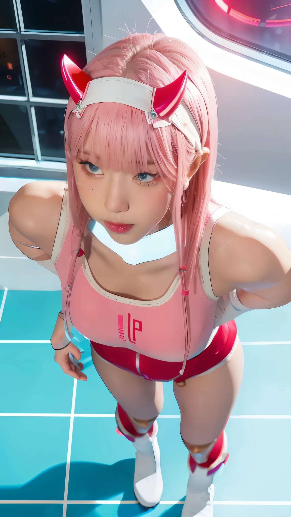 (Overhead view),dynamic angle,ultra-detailed, illustration, straight on, 1girl, ((Zero two, interface headband with a pair of horns, red bodysuit:1.4, pink hair)), Her eyes shone like dreamy stars,(glowing eyes:1.233),(beautiful and detailed eyes:1.1),(expressionless, closed mouth),(standing), (mechanic room with tools and spaceship window in a white SPACESHIP), (night:1.2), dreamy, [[delicate fingers and hands:0.55]::0.85],(detail fingers),