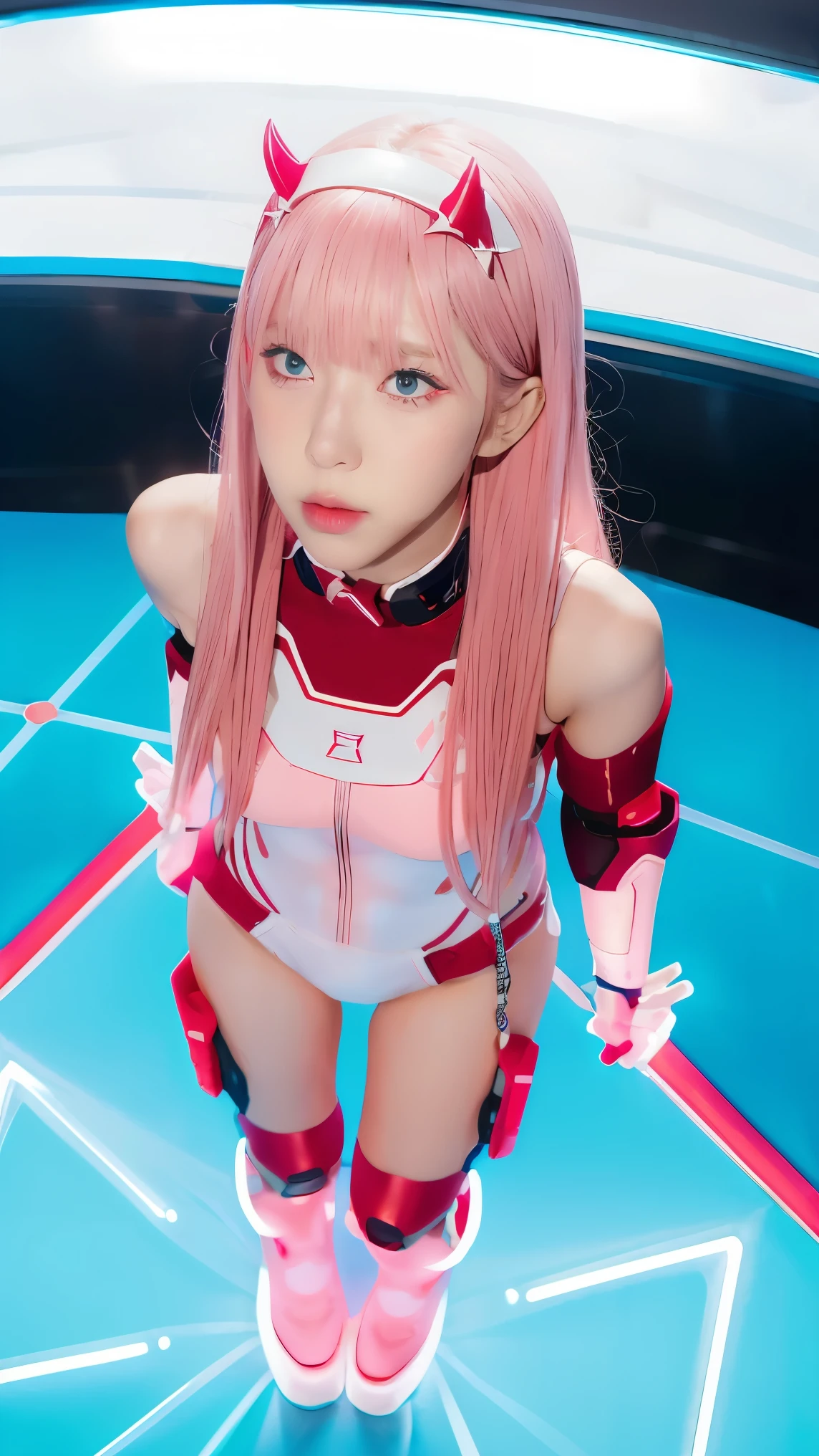 (Overhead view),dynamic angle,ultra-detailed, illustration, straight on, 1girl, ((Zero two, interface headband with a pair of horns, red bodysuit:1.4, pink hair)), Her eyes shone like dreamy stars,(glowing eyes:1.233),(beautiful and detailed eyes:1.1),(expressionless, closed mouth),(standing), (mechanic room with tools and spaceship window in a white SPACESHIP), (night:1.2), dreamy, [[delicate fingers and hands:0.55]::0.85],(detail fingers),