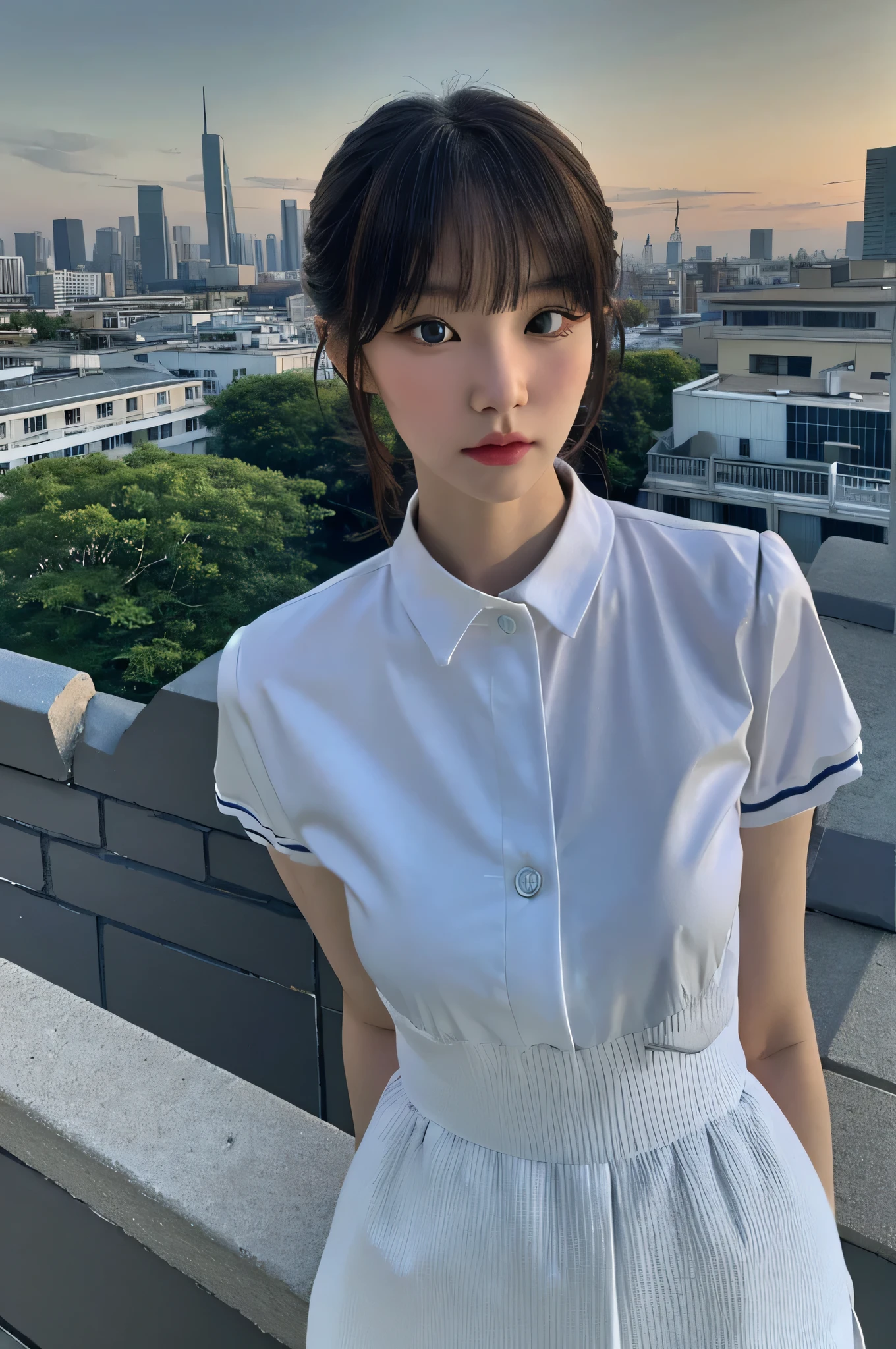 Fujifilm XT3, 8k,close up photo, masterpiece, best quality, (((1girl))), solo,realistic, ((looking at viewer)), photorealistic, (extremely detailed face), looking at viewer, ((ultra-detailed eyes and pupils)), ultra detailed, serious expression, white shirt, (standing against a city skyline at day), (rooftop), Suit skirt, arms behind back, bangs, bun