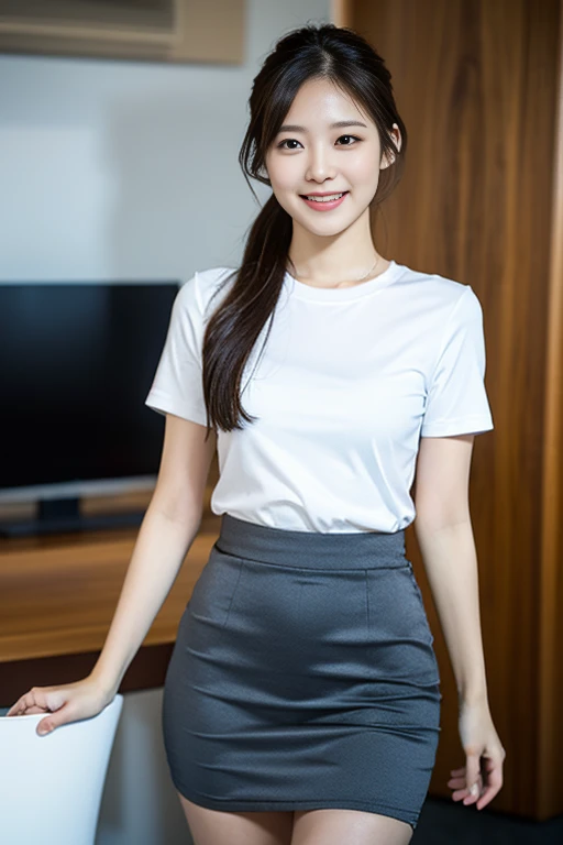 (A stunning Korean office lady, looking at the viewer, rest room, short-sleeve shirt, mini-skirt, youthful charms, smooth complexion, beautiful detailed face, beautiful detailed eyes and lips, long eyelashes, slender figure, perfect body proportion, feminine, playful expression, cute dimples, kind smile, short hair, side ponytail, 

Blurred background, Bokeh effect. (best quality,4k,8k,highres,masterpiece:1.2),ultra-detailed,(realistic,photorealistic,photo-realistic:1.37),HDR,UHD,studio lighting,ultra-fine painting,sharp focus,physically-based rendering,extreme detail description,professional,vivid colors, bokeh, SFW, Safe for Work, cowboy shot, head to knee,)