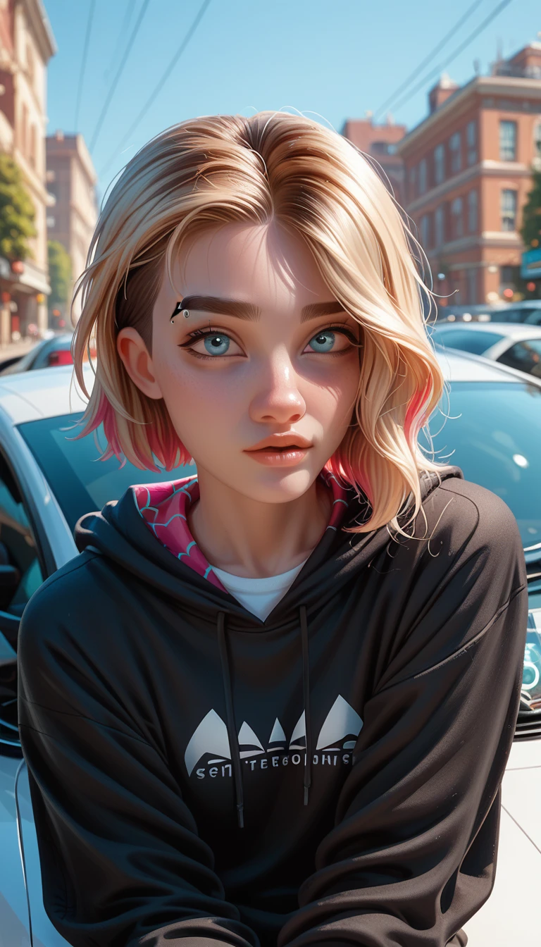 gwen stacy, Spider-Verse, black hoodie sitting inside a Lamborghini,masterpiece, HD model, Detail, high quality, 