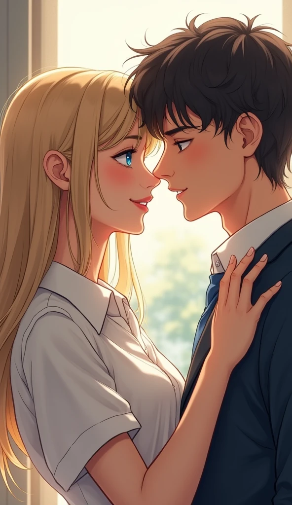 couple, blonde girl, black hair guy, kissing, office, love, passionate, desk