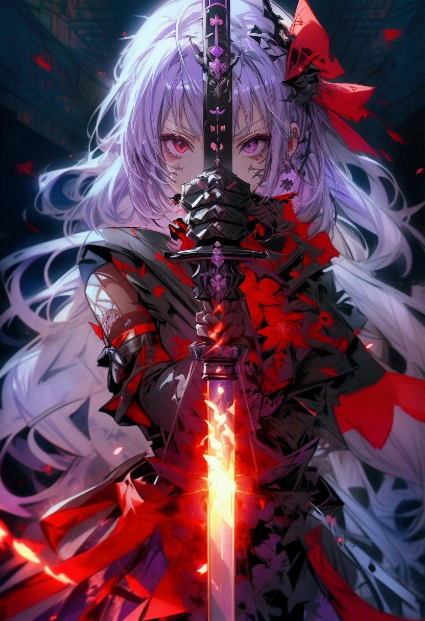 anime girl with sword and purple dress holding sword in dark, badass anime 8 k, detailed key anime art, detailed anime artwork, from arknights, detailed anime art, clean detailed anime art, detailed digital anime art, detailed anime character art, black and red armor, anime epic artwork, anime illustration, anime wallpaper 4 k, anime wallpaper 4k