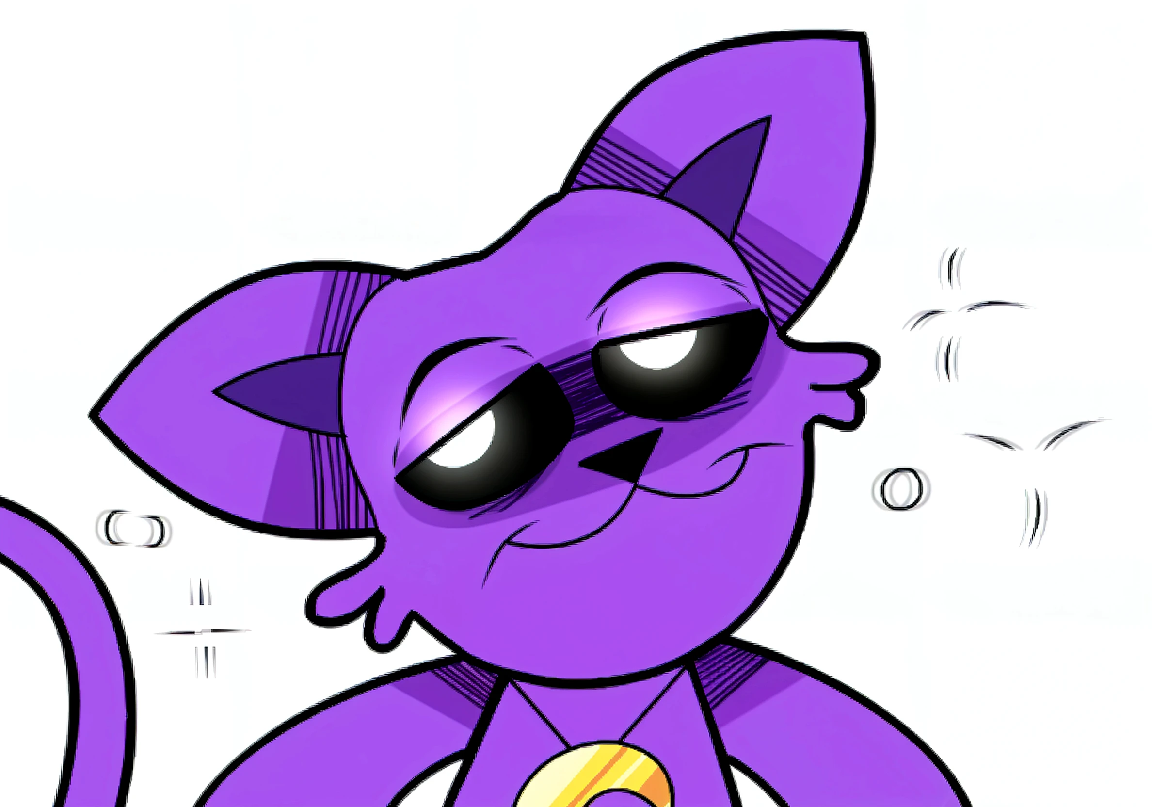 an excited protogen looks at something that is above him, with a plaintive look and a protruding tongue, triangular eyes and dark purple fur, a purple blush spread across his cheeks.