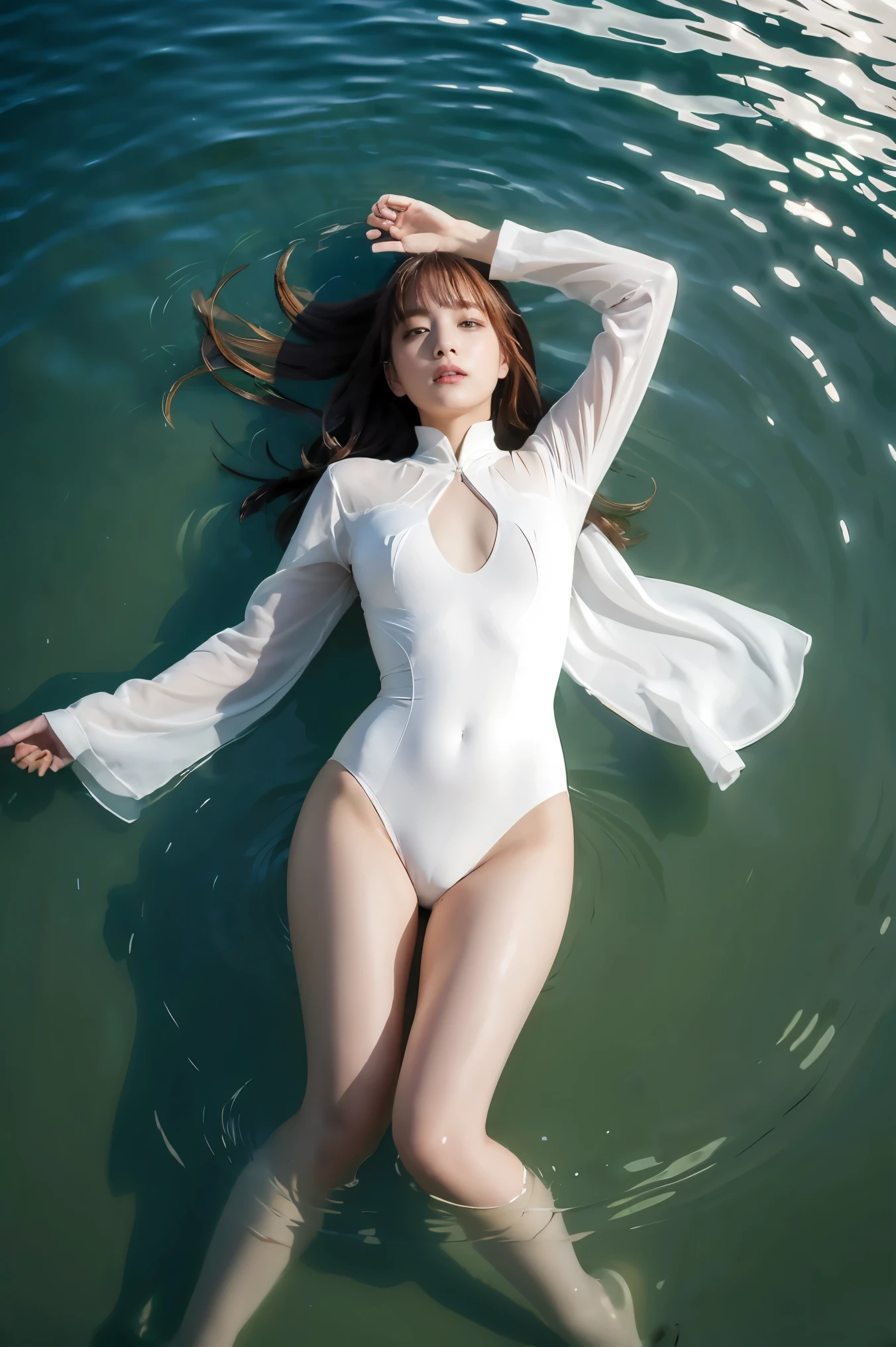 (masterpiece, best quality, detailed), 1girl, solo, looking at viewer, c.c., yellow eyes, green hair, long hair, bangs, medium breasts, straitjacket, white bodysuit, white shoes, water, partially submerged, from above, afloat, shallow water, parted lips, lying, on back, long sleeves, wide sleeves,