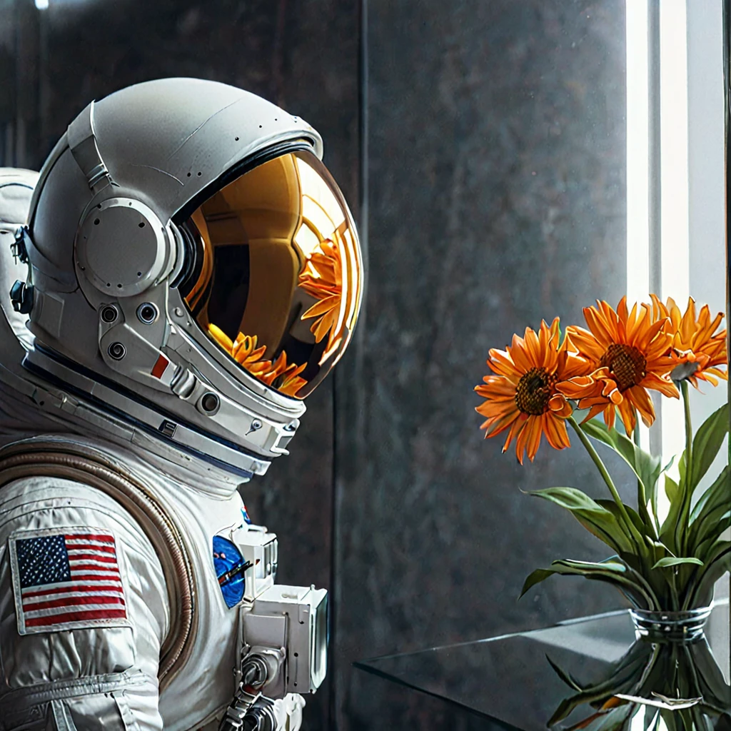 stunning photorealistic of an astronaut holding a sunflower, dark theme, dark scene, dark atmosphere, masterpiece, high detail, best quality, raw photo, (photorealistic:1.4), (hdr:1.4)