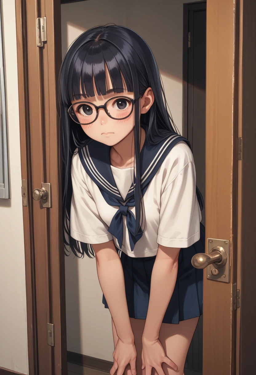 colorPencil,tall,tareme,Japanese,long hair,blunt bangs,black eyes,small breasts,Glasses,dark blue sailor collar,white sailor shirt,blush,leaning forward,open door,entrance