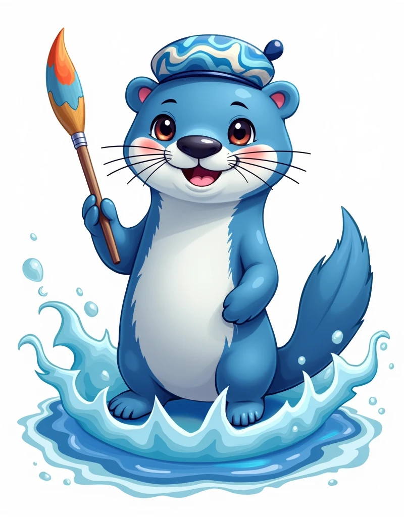 a blue sea otter, beret with a wavy pattern in the color of blue and white, thin long tail with a colorful tip that looks like a paint brush, adorable, mischievous smile, cartoon, ocean wave surrounding the otter, white background,