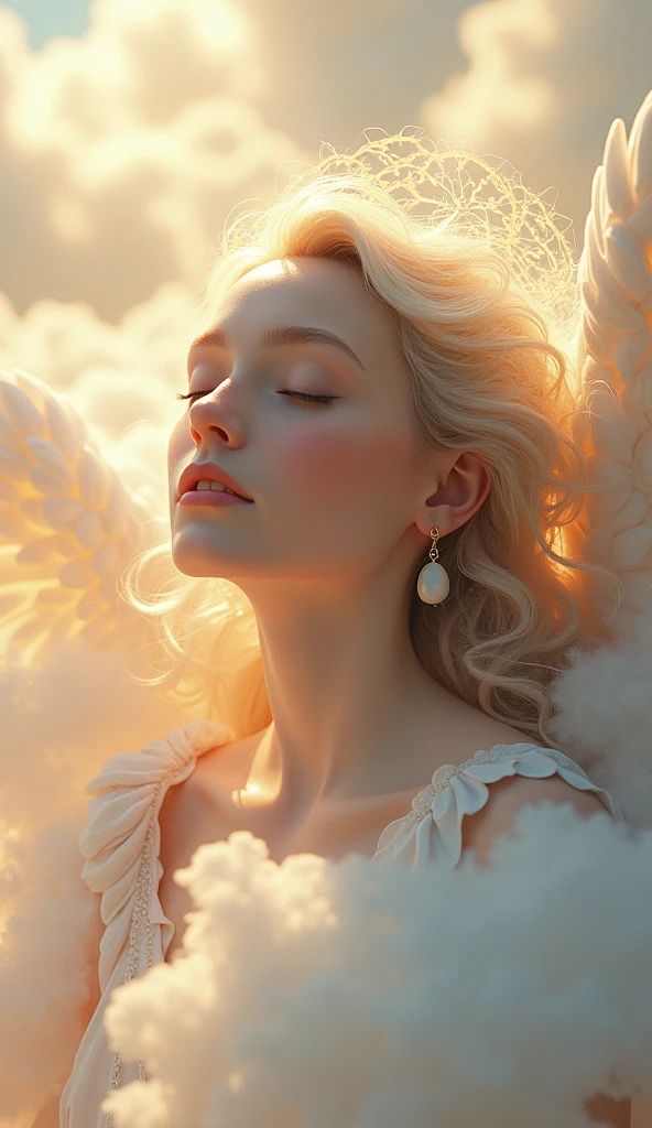 detailed angelic winged female figure,1 beautiful woman, highly detailed face, beautiful detailed eyes, beautiful detailed nose, beautiful detailed lips, long eyelashes, detailed wings, intricate feather details, glowing halo, ethereal lighting, divine radiance, soft pastel colors, serene expression, delicate facial features, photorealistic, (best quality,4k,8k,highres,masterpiece:1.2),ultra-detailed,(realistic,photorealistic,photo-realistic:1.37),digital painting, fantasy art, cinematic lighting