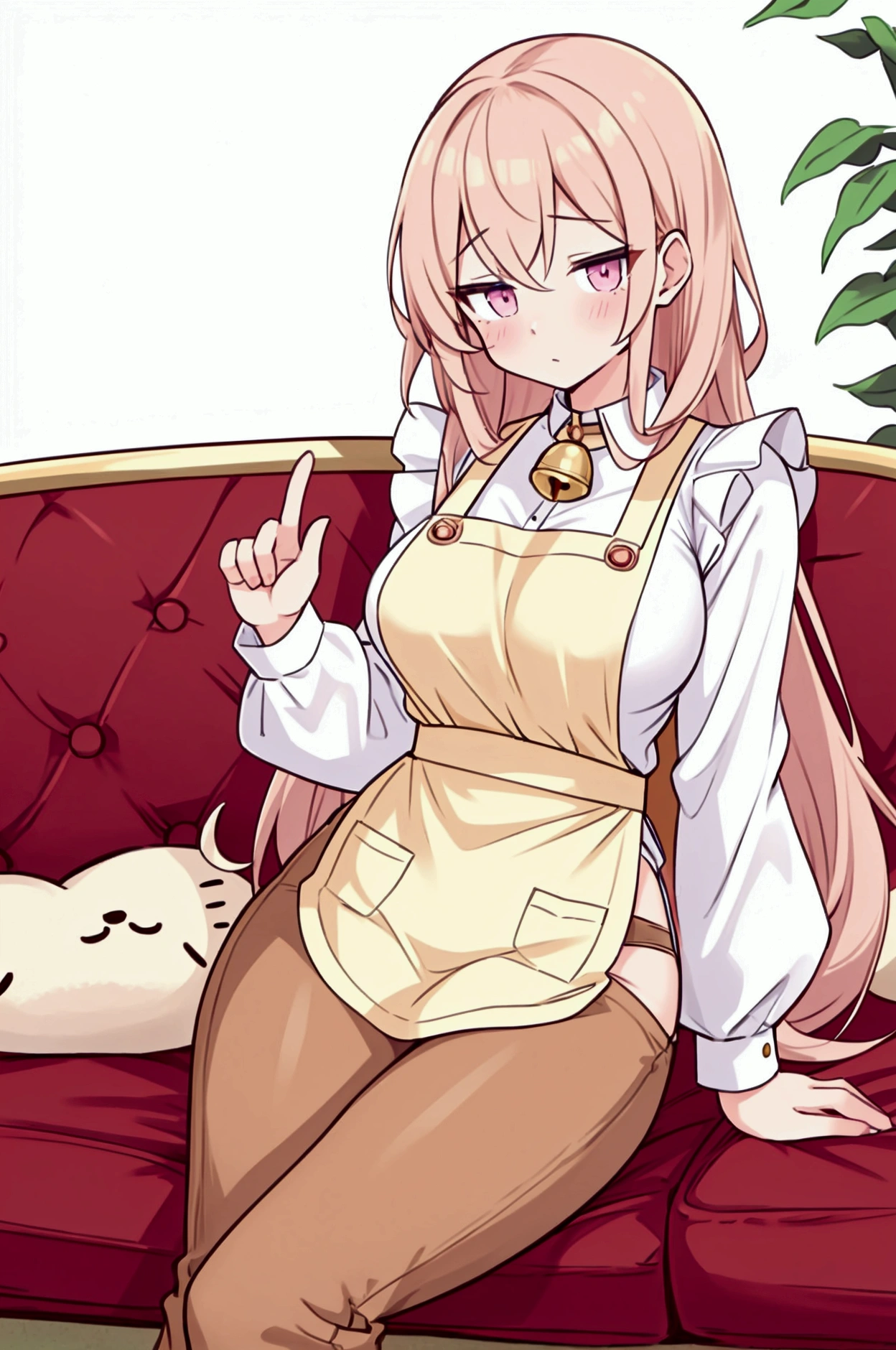 Height 4 feet 11 inches. Build: Silky white skin. Her body is slim, e cup breasts and voluptuous thighs. Her eyes as hazel brown. And her hair is long and straight, chestnut colored cv. Clothes: Wears bell bottom pants, with simple shirts in pastel colors. The girl looks shy, sitting on a sofa while wearing a pink apron