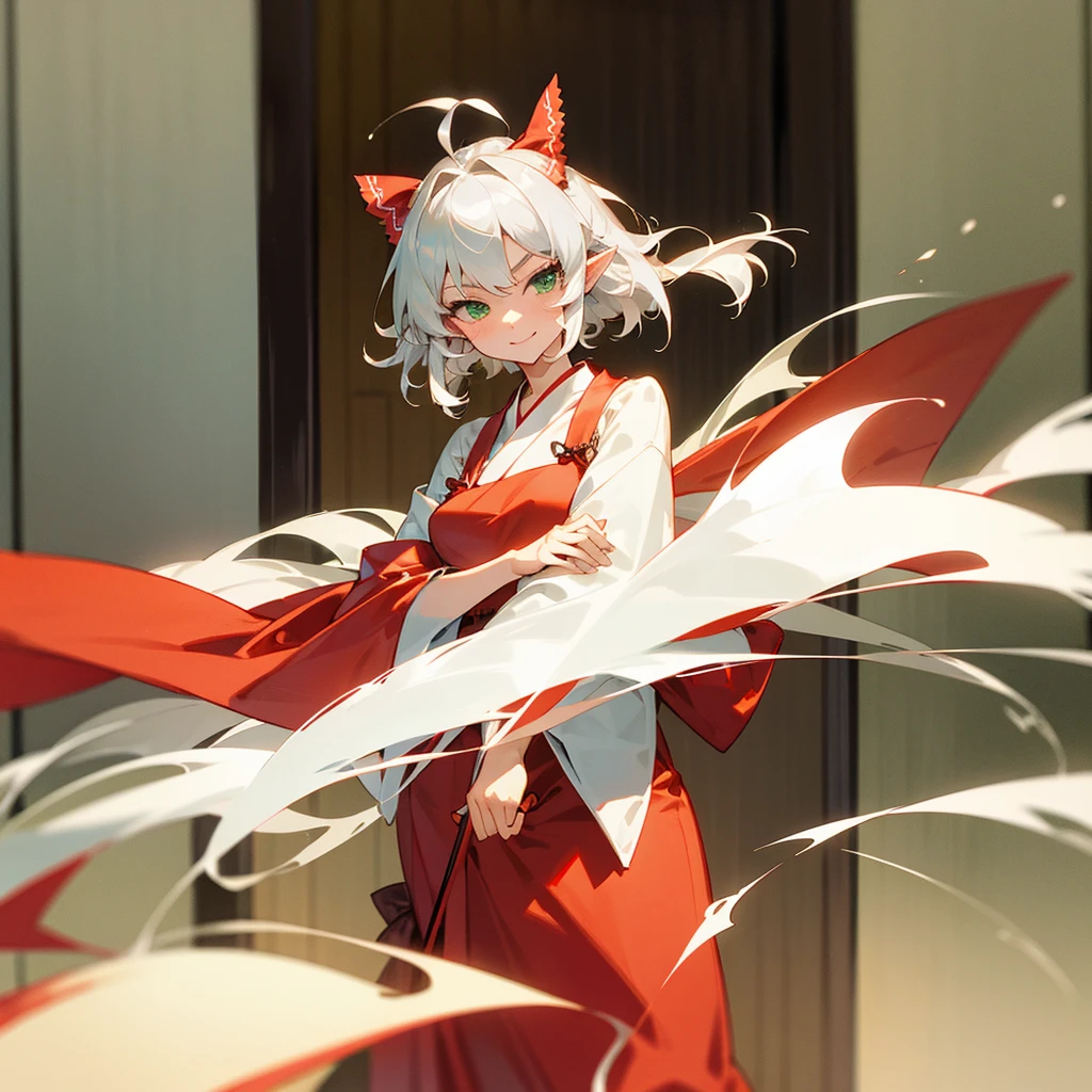 elf, female, silver hair,short hair, medium cut, ahoge, curly hair, green eyes,slender, fair skin, japanese female kimono, (big bow behind hair),  Reimu hair bow, cool mild Smile, japanese Hotel, japanese doorman, annoyance