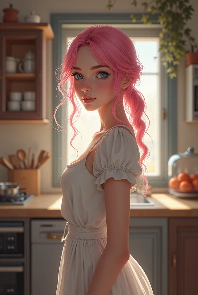 Natalie Portman in kitchen, face fuck, pink hair, blue eyes
