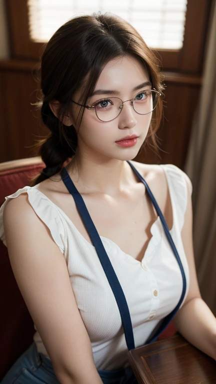 alone, 1 girl, masterpiece, The best, Extremely detailed, movie lighting, intricate details, High resolution, official art, Exquisite and beautiful face and eyes, High resolution插圖, 【8k, dark intense shadow, overexposure, [blond/brown hair], single braid, blue eyes, Glasses, [complacent, Sit in a chair, Upper Body, Large Breasts, white shirt, Yellow suspenders, book_stack, 圖book館, (([Vines)), [Fragrant Rose, looking at the audience