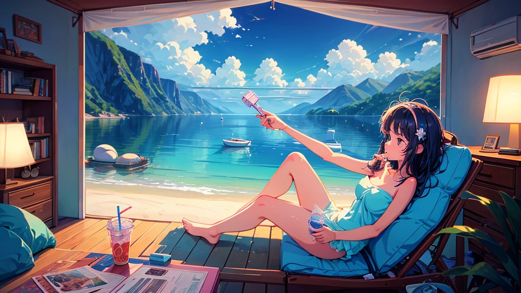 There is a woman sitting on a towel and drinking a coconut drink。, In the style of digital illustration, stylized digital illustration, Just a joke, Great illustrations, Chill Hop, LOFI Girl, Relaxing concept art, Beautiful digital illustrations, Relax on the beach, Beautiful digital art, Illustration Style, Beautiful artwork illustration, Exquisite digital illustrations, Detailed digital illustration, Lofi Art