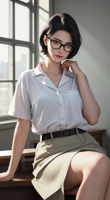 1 mature woman, short black hair, neatly combed hair, green eyes wearing glasses, thin lips, round face, wearing a university professor's lab coat, white t-shirt underneath, waist belt, knee-length executive skirt, high heels, background of blackboard and professor's desk, serious and elegant expression,(best quality,4k,8k,highres,masterpiece:1.2),ultra-detailed,(realistic,photorealistic,photo-realistic:1.37),portrait,studio lighting,sharp focus,professionally shot,vivid colors,chiaroscuro lighting